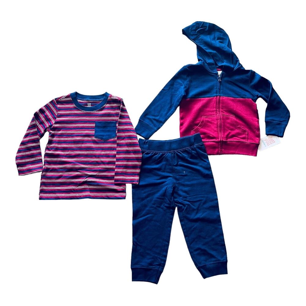 Carters Boys 2T Clothing 3Pc Set Hoodie Jacket Tee Shirt Sweatpants Blue Red New